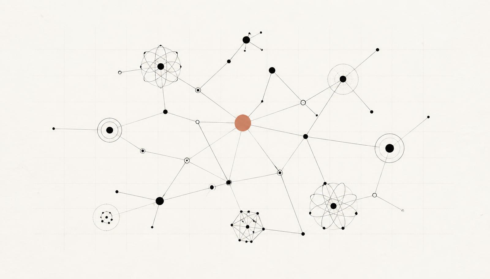 Abstract knowledge graph of connected atoms and nodes drawn as a minimalist scientific illustration